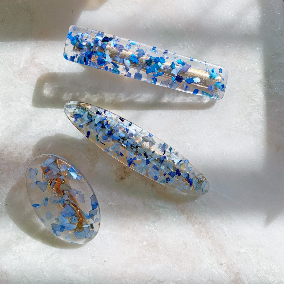 Set Of Three Blue Flake Hair Clip Slides