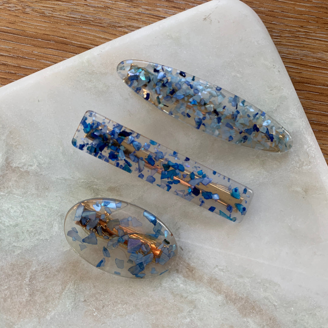 Set Of Three Blue Flake Hair Clip Slides