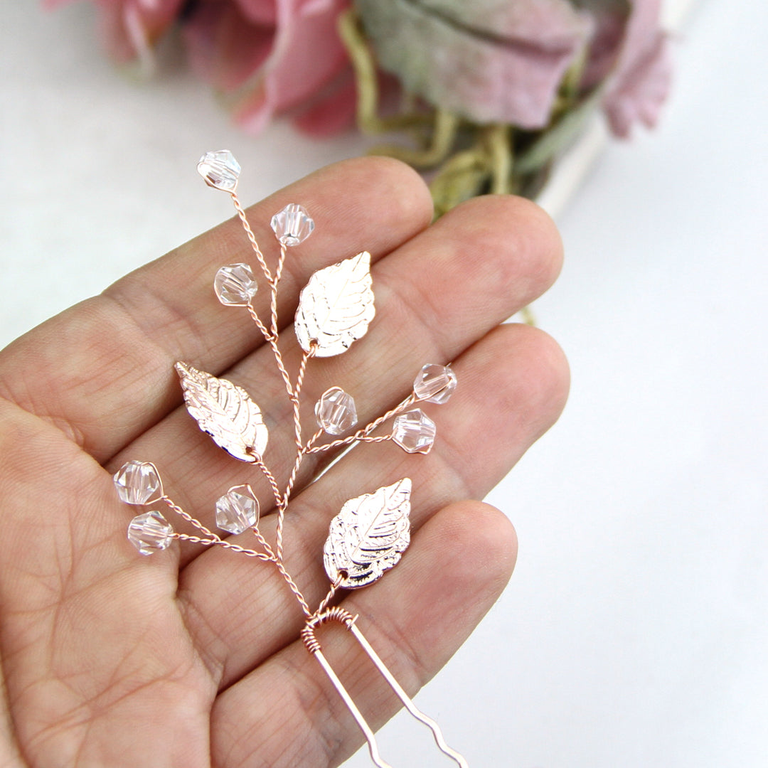 Rose Gold Plated Leaves And Crystal Hair Pin