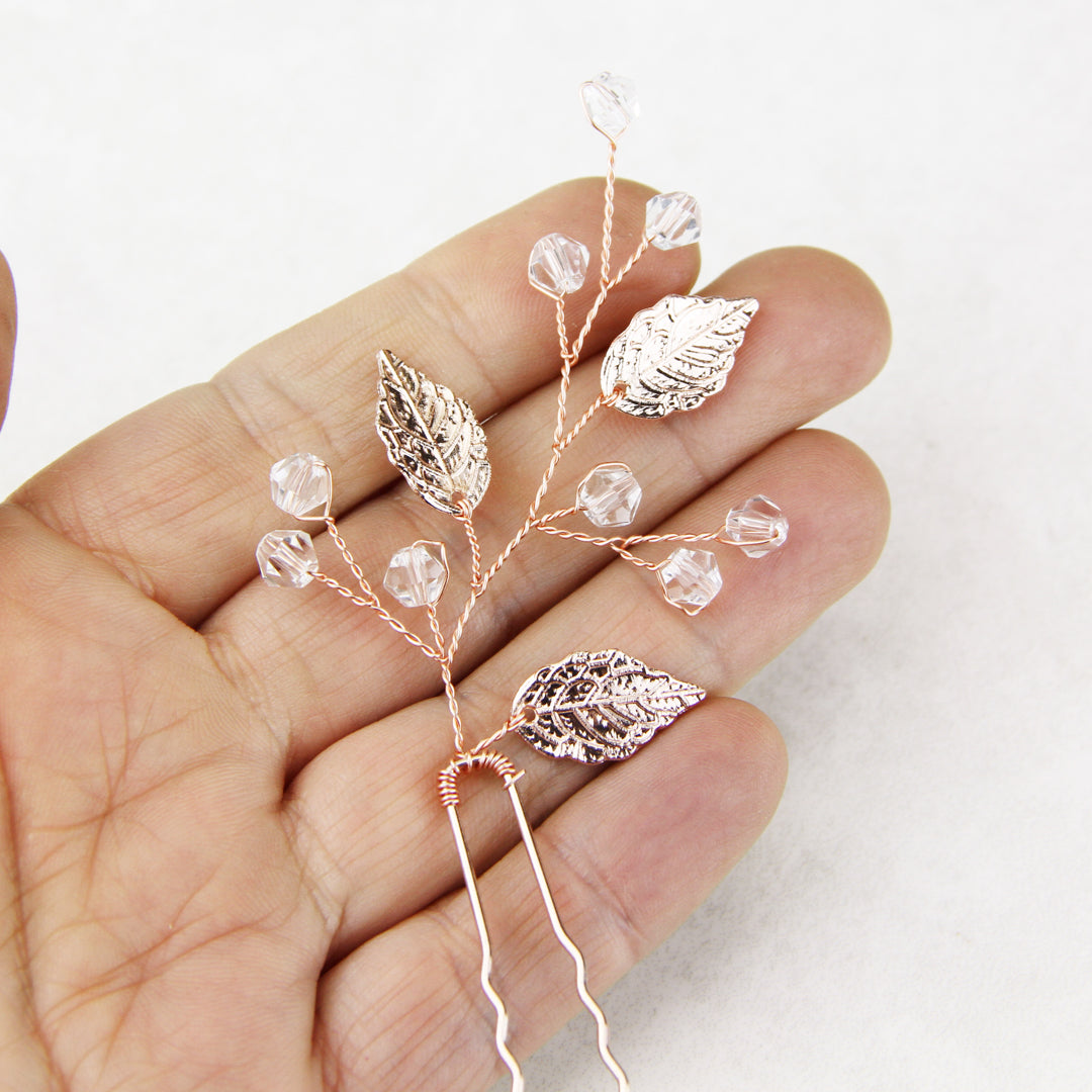 Rose Gold Plated Leaves And Crystal Hair Pin