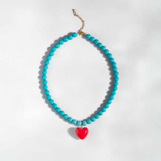 Turquoise Bead And Red Heart Necklace