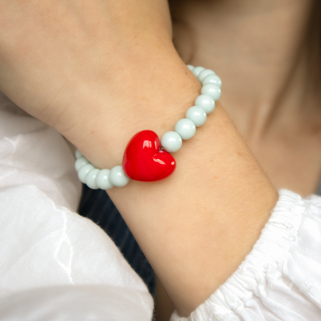 Powder Blue Bead Necklace with Red Heart