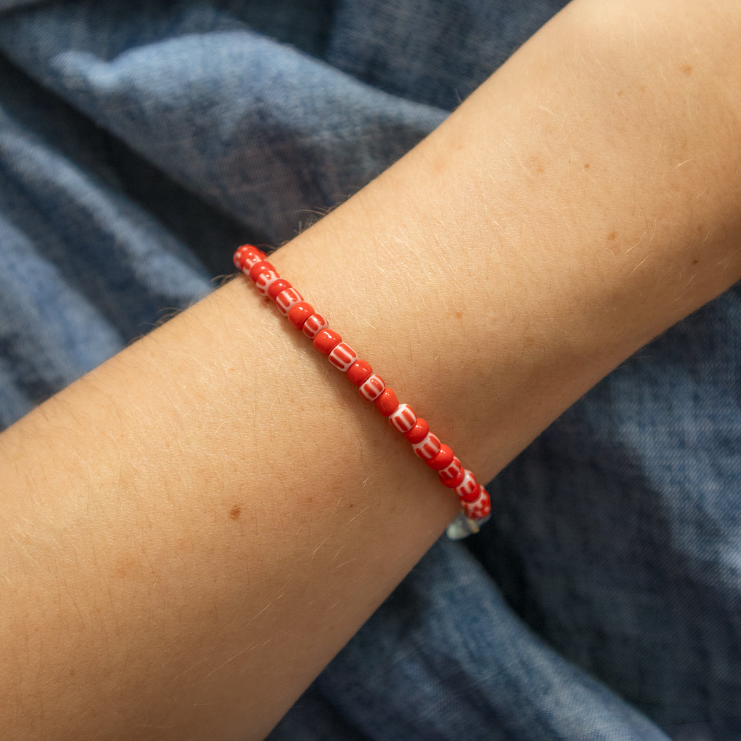 Red Candy Stripe Bead and Fish Charm Bracelet