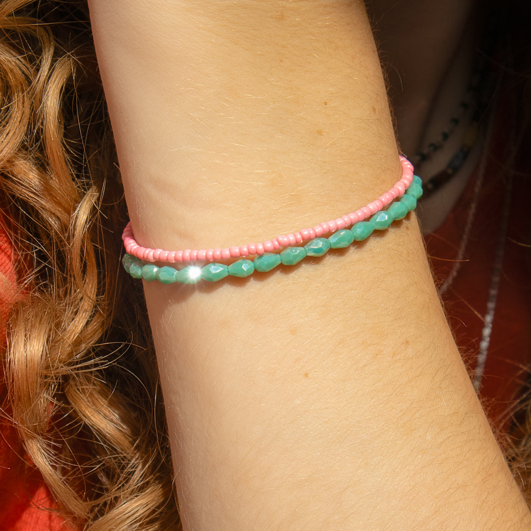 Pink and Green Seed Bead 2-strand Adjustable Bracelet