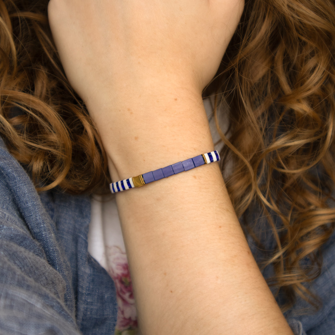 Blue and White Enamel Tile Stretch Bracelet