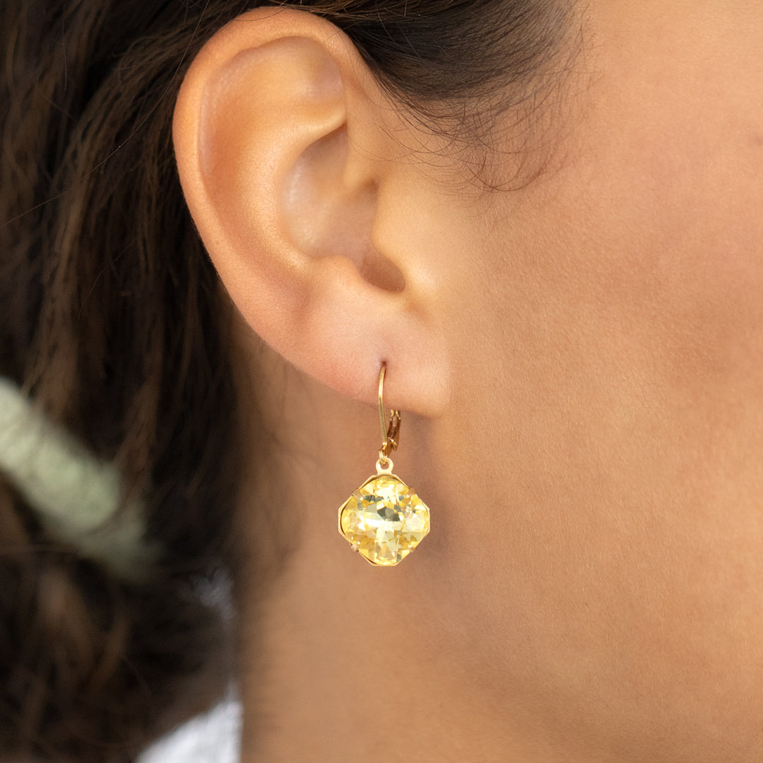 Pastel Yellow Large Square Crystal Earrings