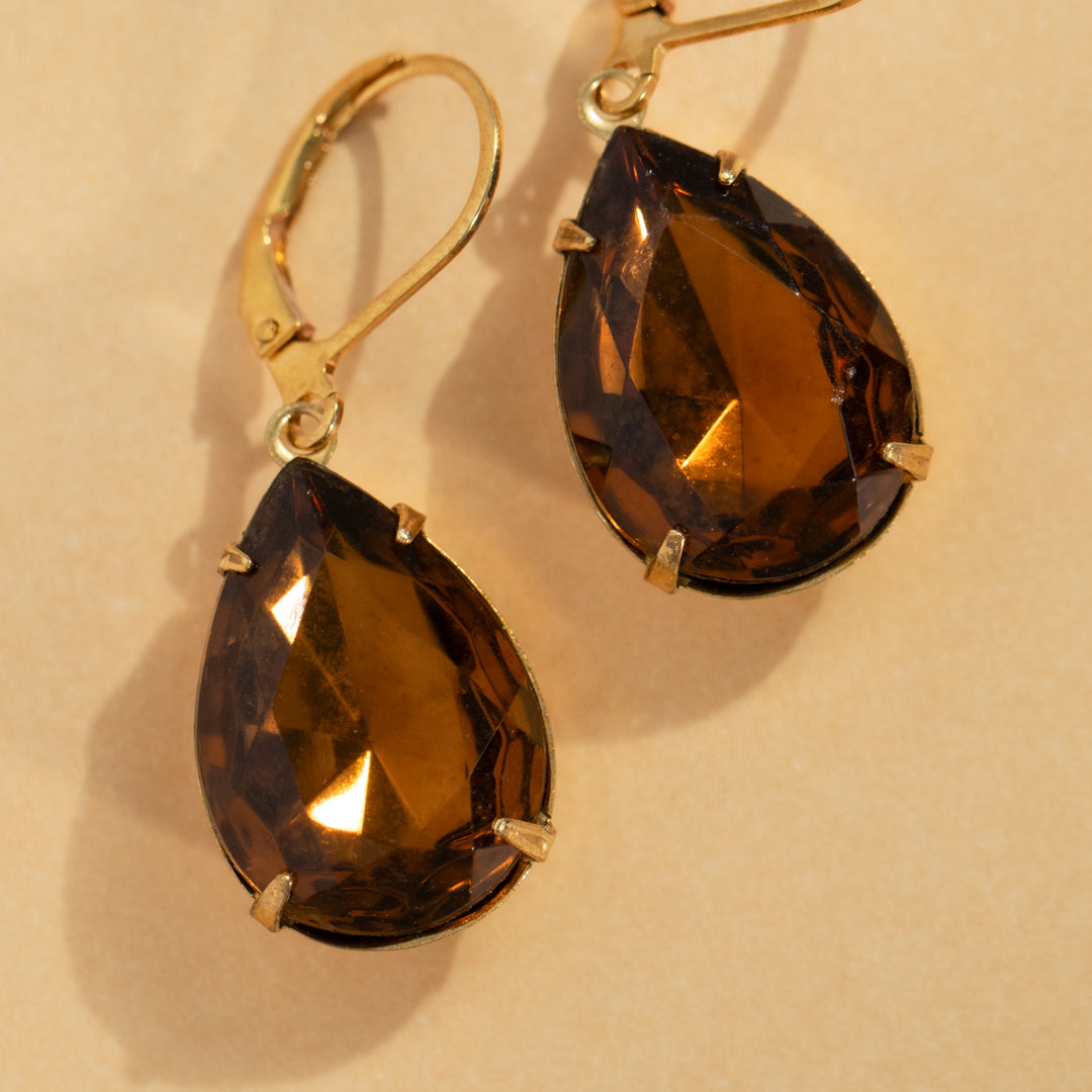 Large Dark Topaz Teardrop Rhinestone Drop Earrings