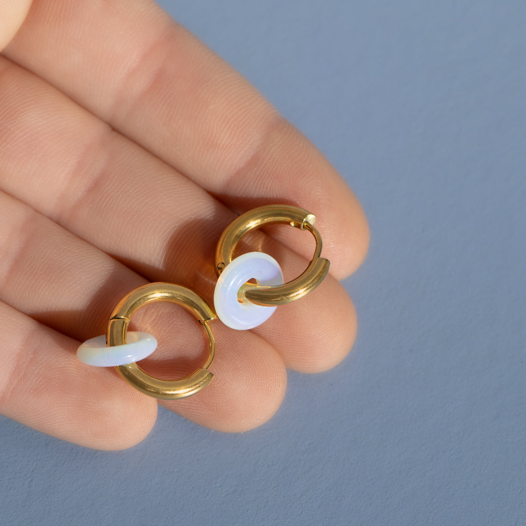 Chunky Gold Opal Donut Hoop Earrings Non Tarnish