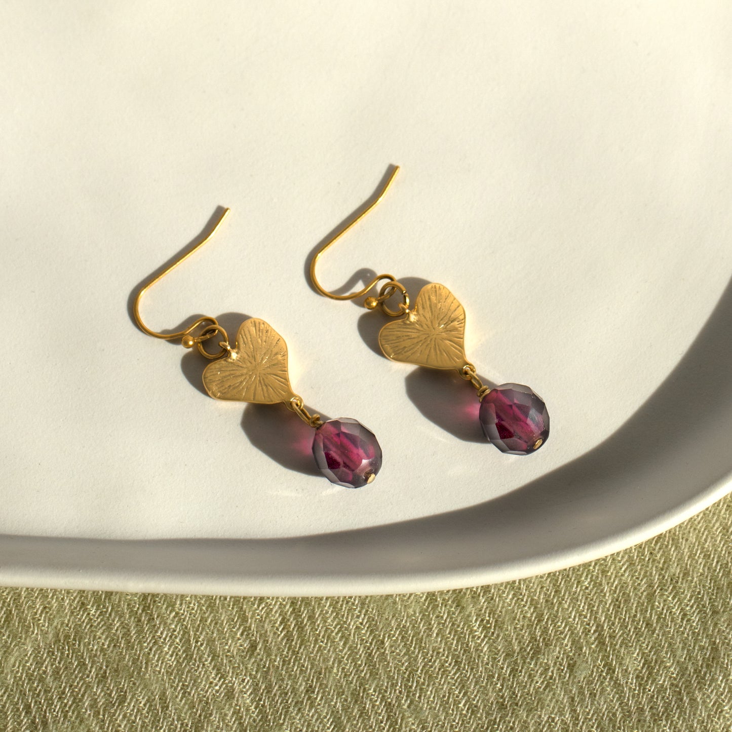Gold Heart and Purple Bead Drop Earrings