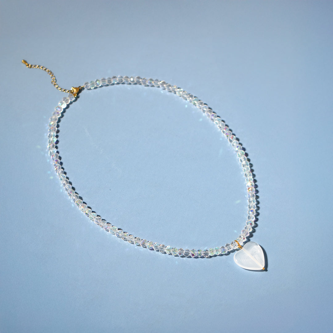 Sparkly Clear Bead And Heart Necklace