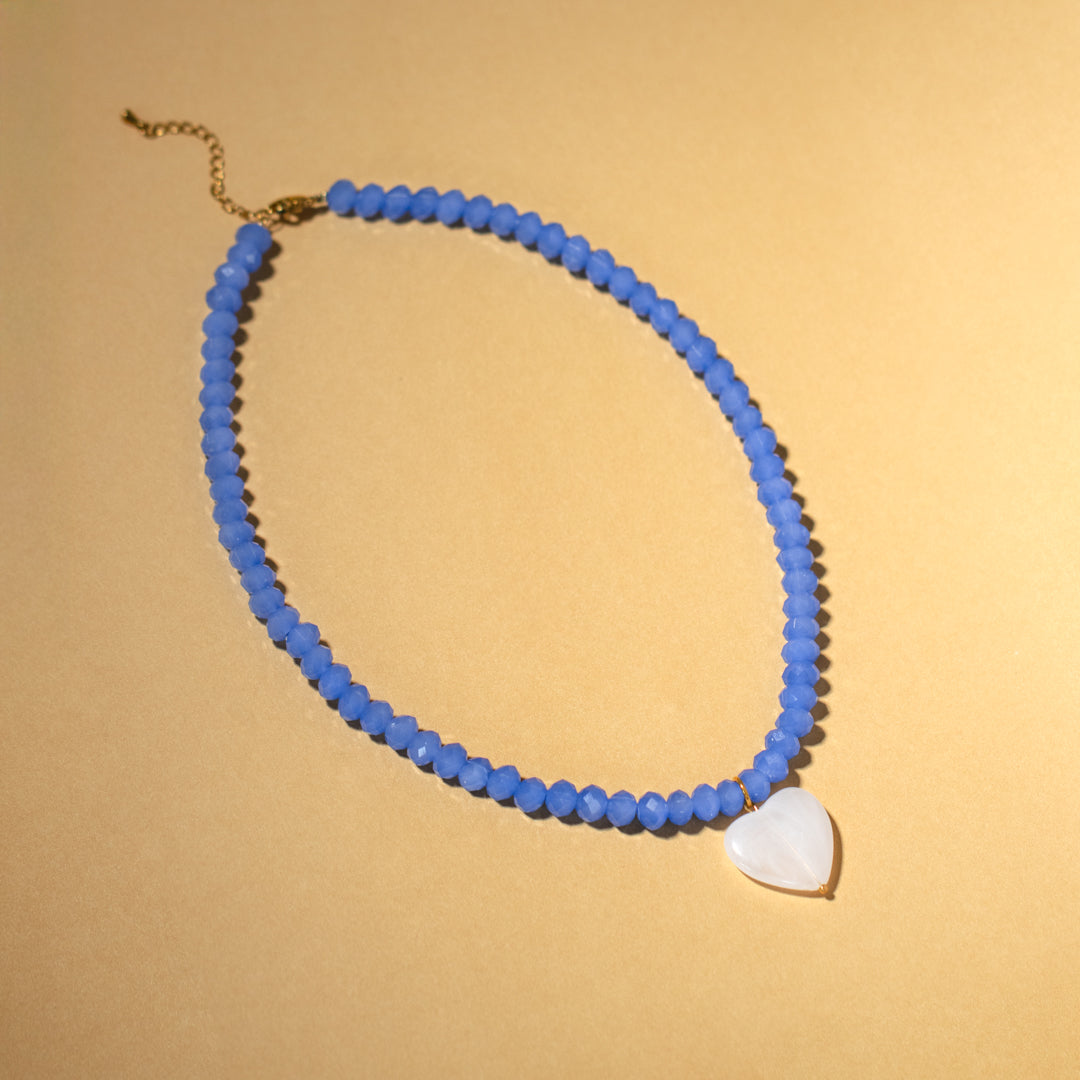 Cornflower Blue Bead And White Heart Necklace