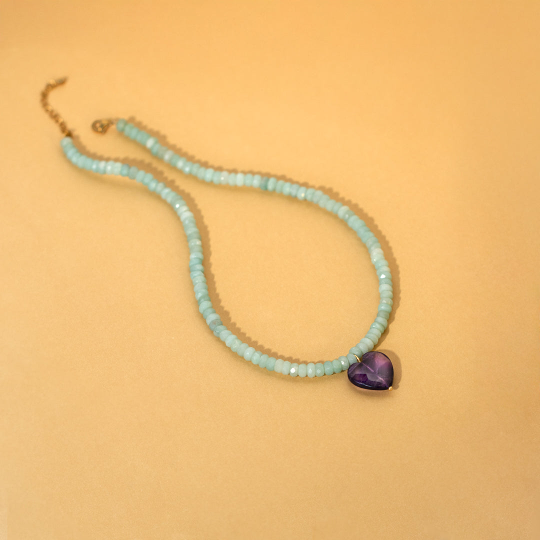 Gemstone Bead Necklace With Amethyst Heart