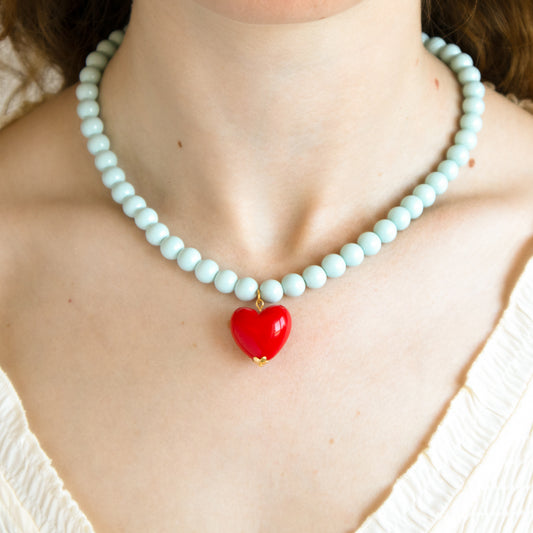 Powder Blue Bead Necklace with Red Heart