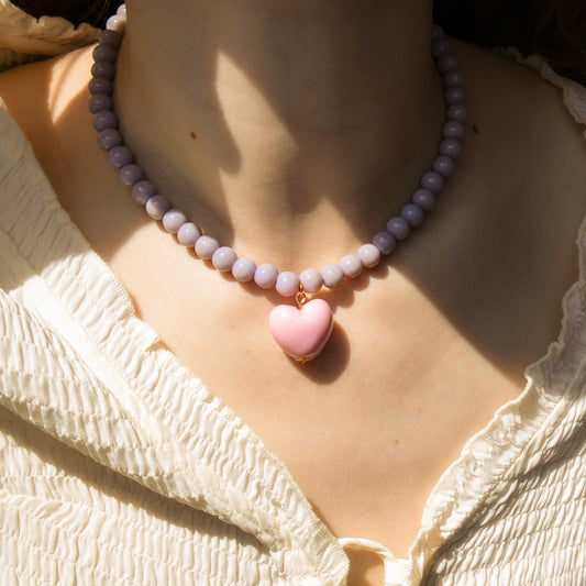 Pastel Purple Bead and Pink Heart Necklace