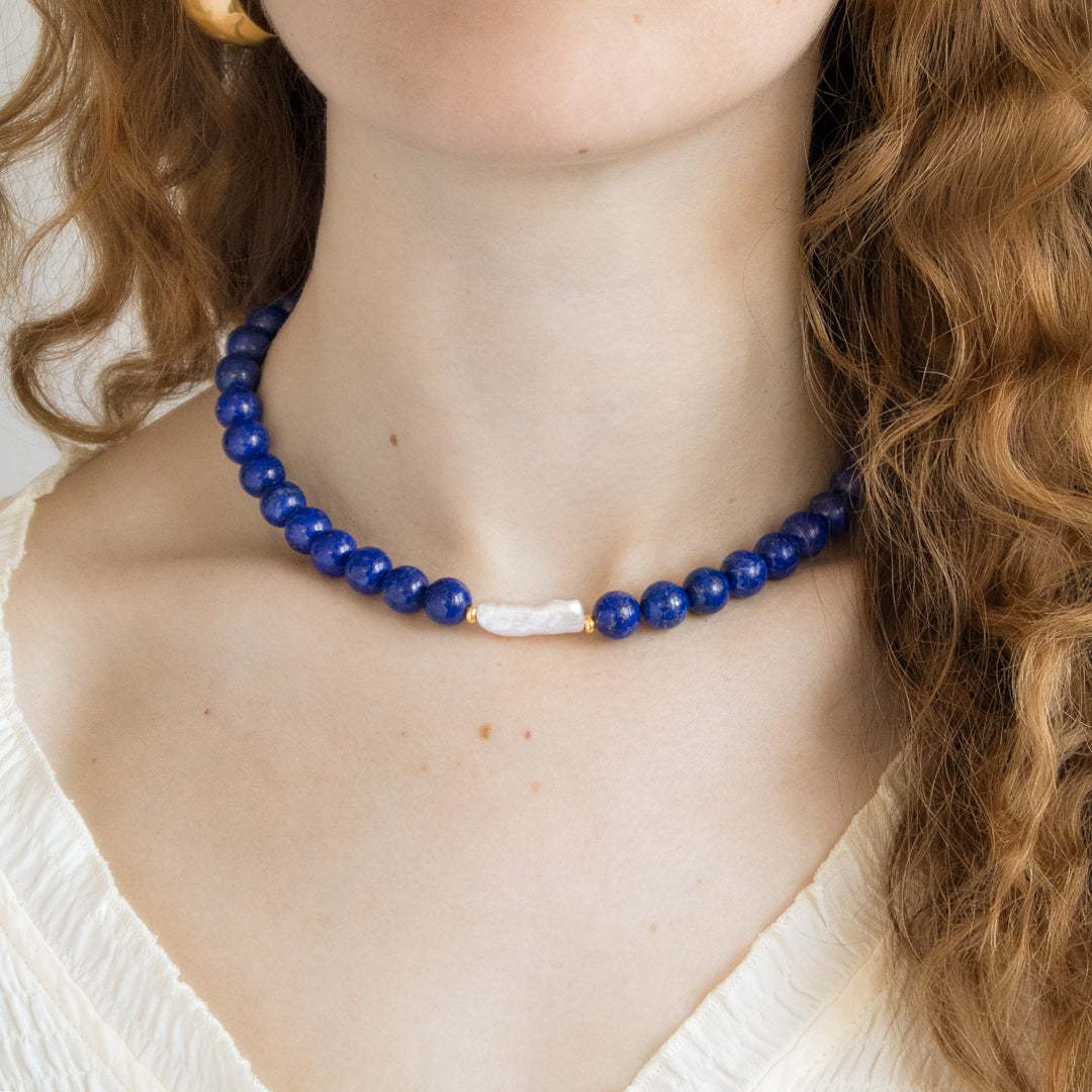 Sculptural Lapis Lazuli And Keshi Pearl Hoop Earrings