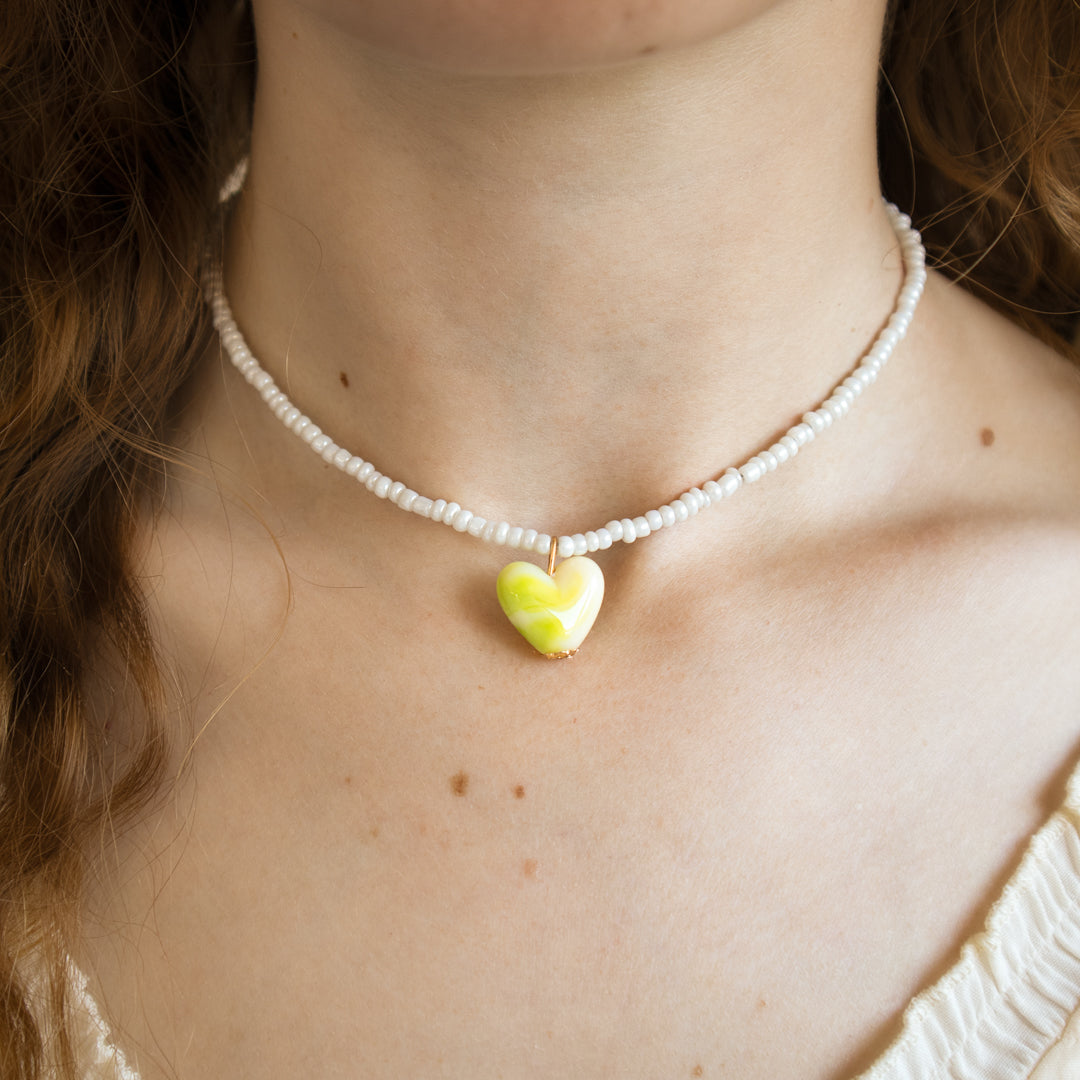 White Seed Bead And Green Heart Necklace