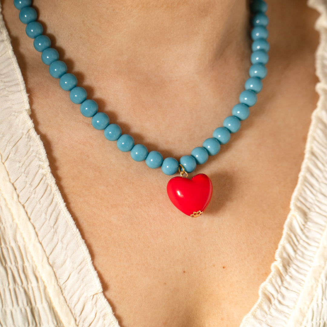 Turquoise Bead And Red Heart Necklace