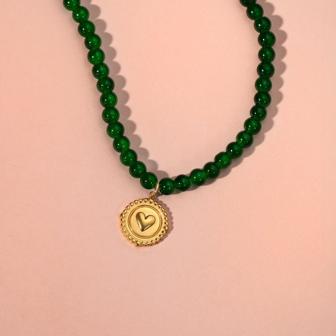 Dark Jade Green Beaded Necklace With Heart Coin