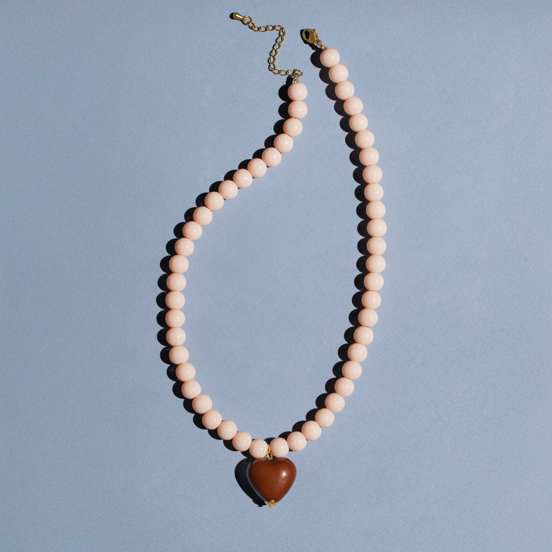 Cream Bead And Chocolate Heart Necklace