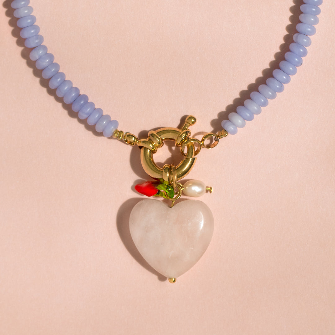 Blue Agate Bead And Rose Quartz Heart Necklace
