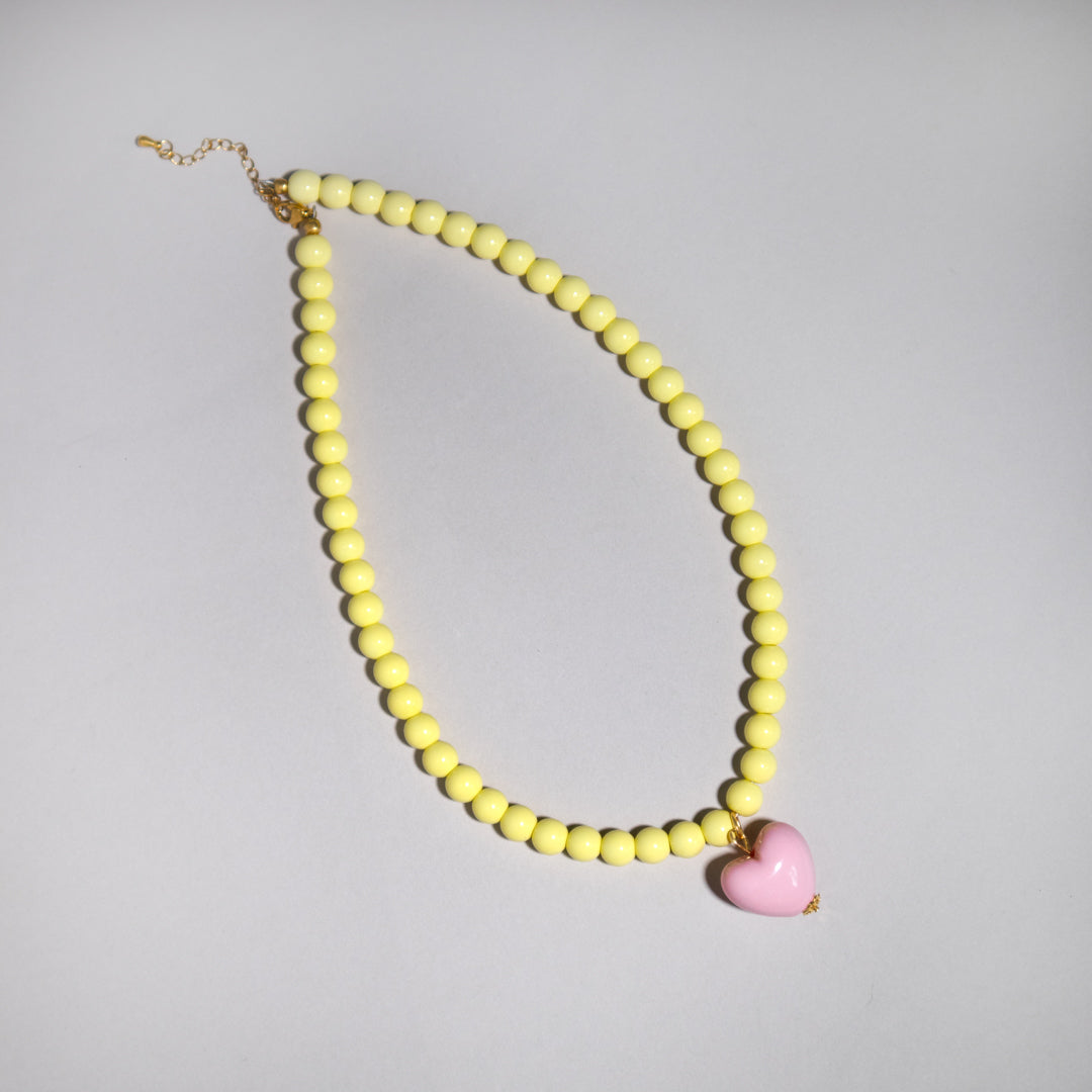 Buttermilk Yellow Bead and Pink Heart Necklace