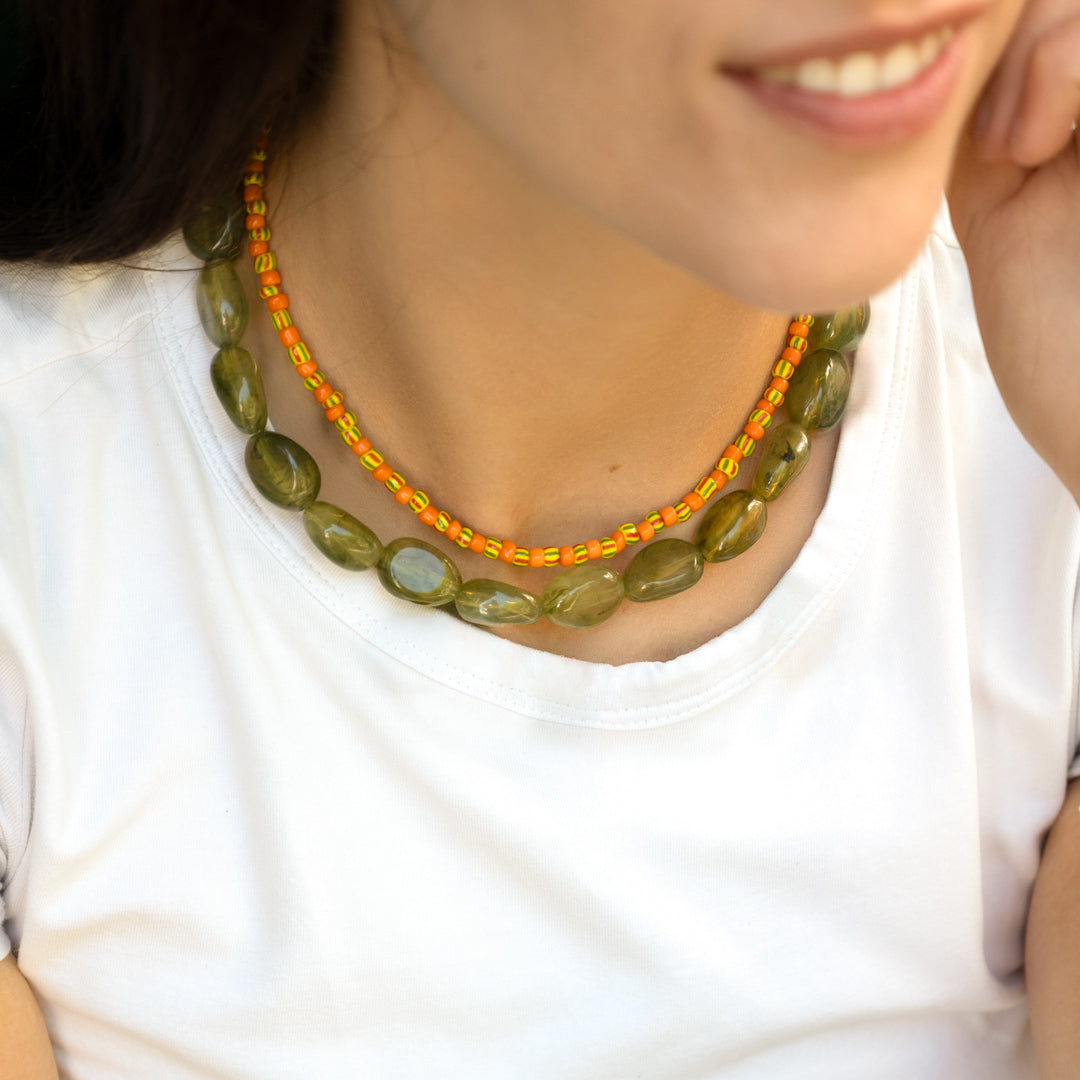 Olive and Orange Bead Necklace Set of 2