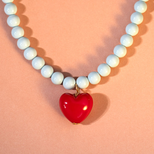 Powder Blue Bead Necklace with Red Heart
