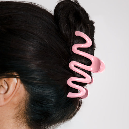 Pink Zigzag Wavy Claw Hair Clip shown worn in model's hair