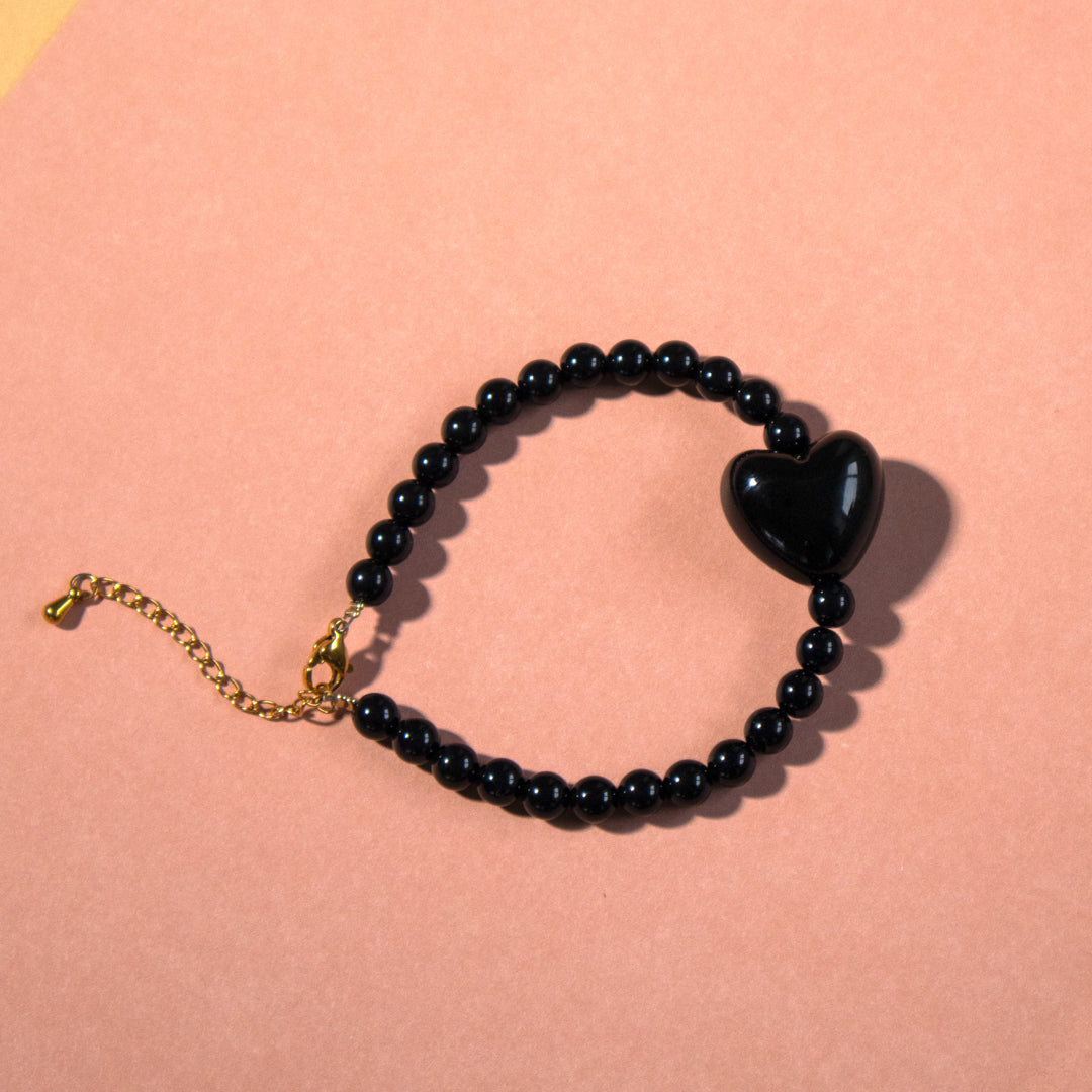 Black Bead and Heart Toggle Necklace