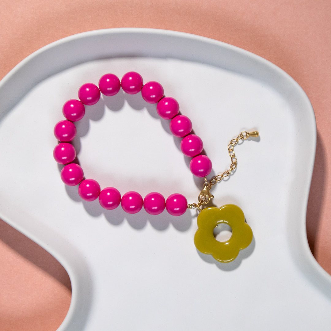 Barbie Pink Bead and Olive Flower Toggle Necklace