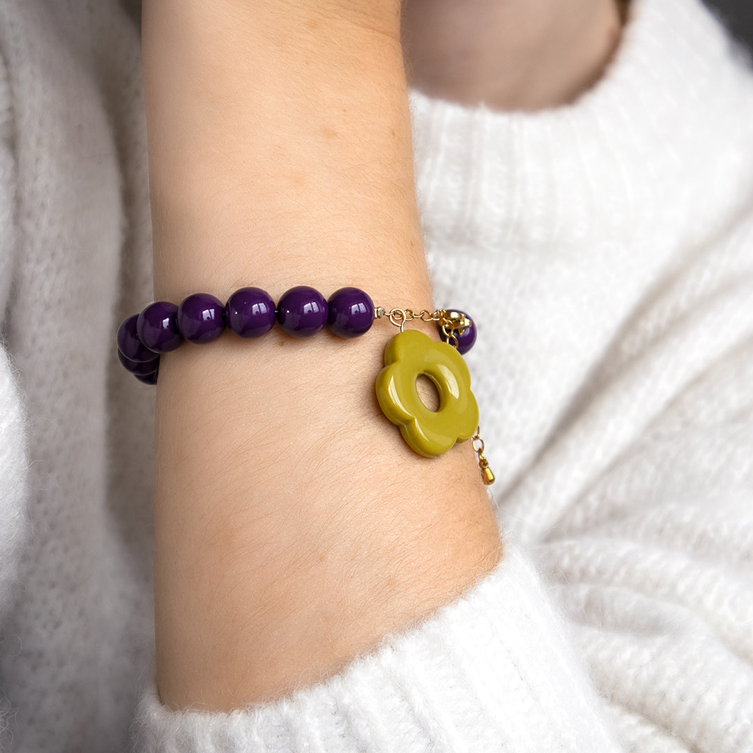 Aubergine Bead and Olive Flower Bracelet