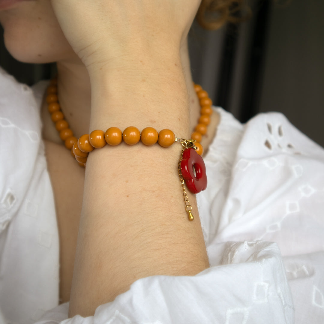Mustard Bead and Cranberry Flower Toggle Necklace