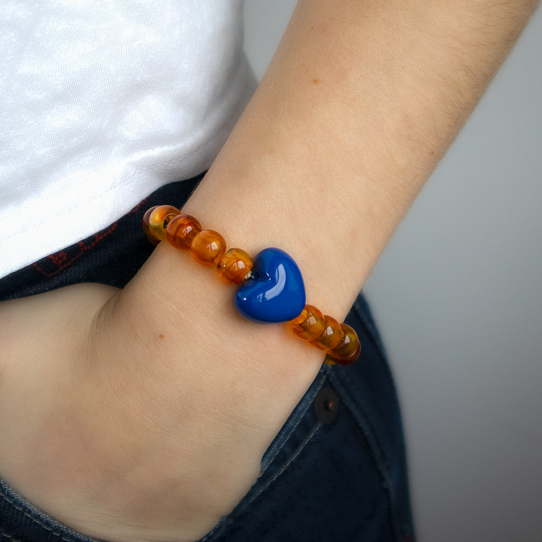 Chunky Amber Bead and Blue Heart Stretch Bracelet