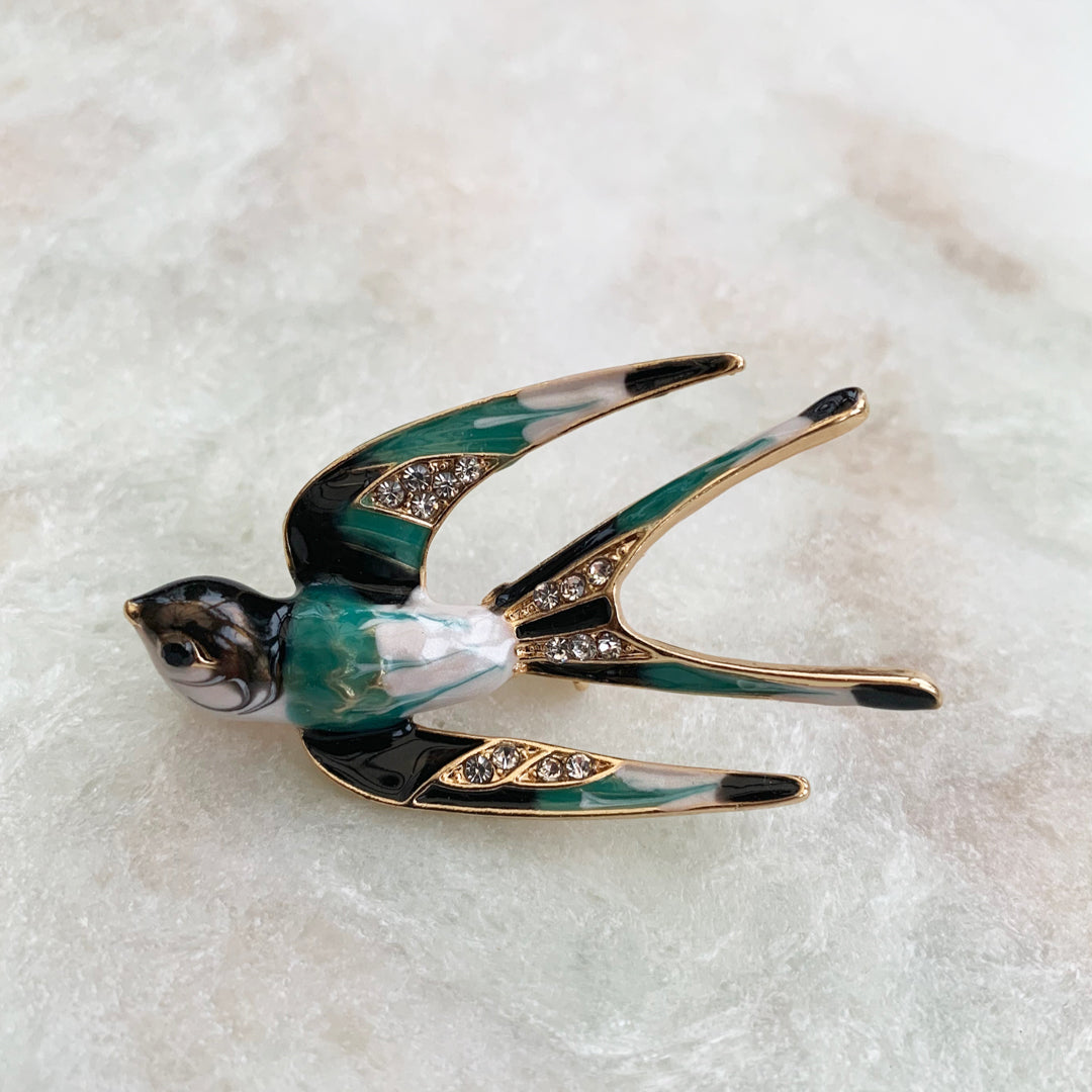 Enamel Swallow Brooch With Diamante