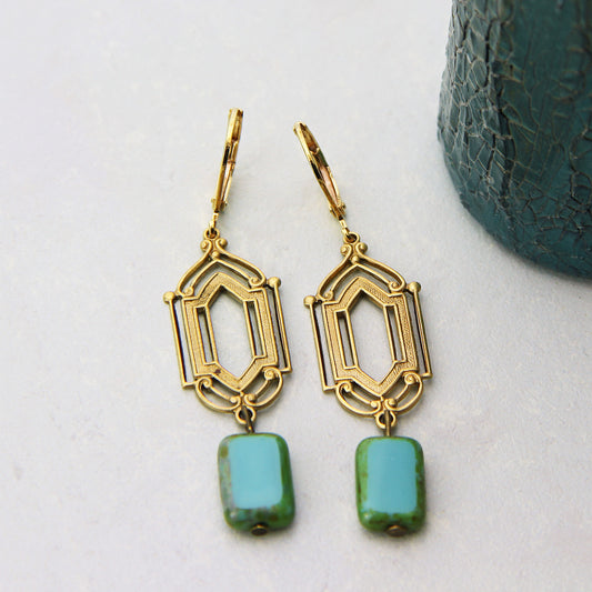 Art Deco Bronze Turquoise Earrings