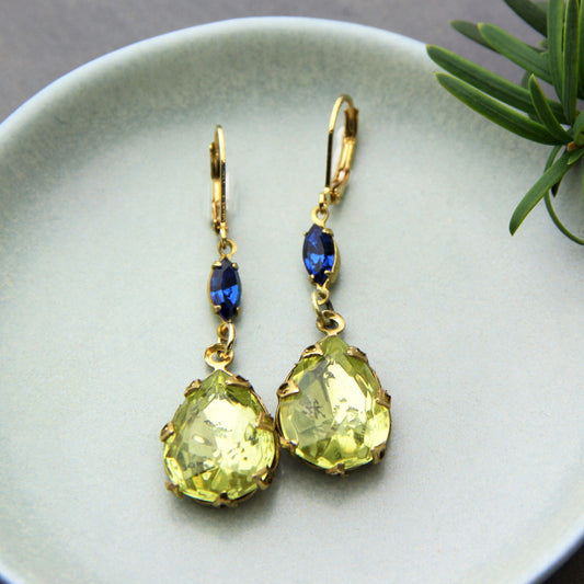 Statement Lime Green And Blue Rhinestone Drop Earrings