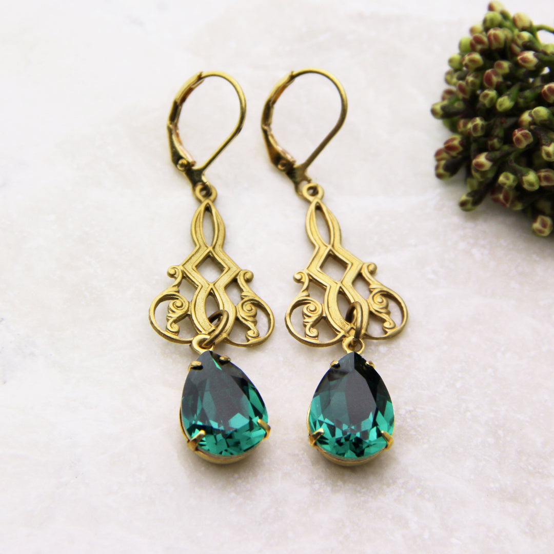 Art Deco Emerald Green Rhinestone Earrings