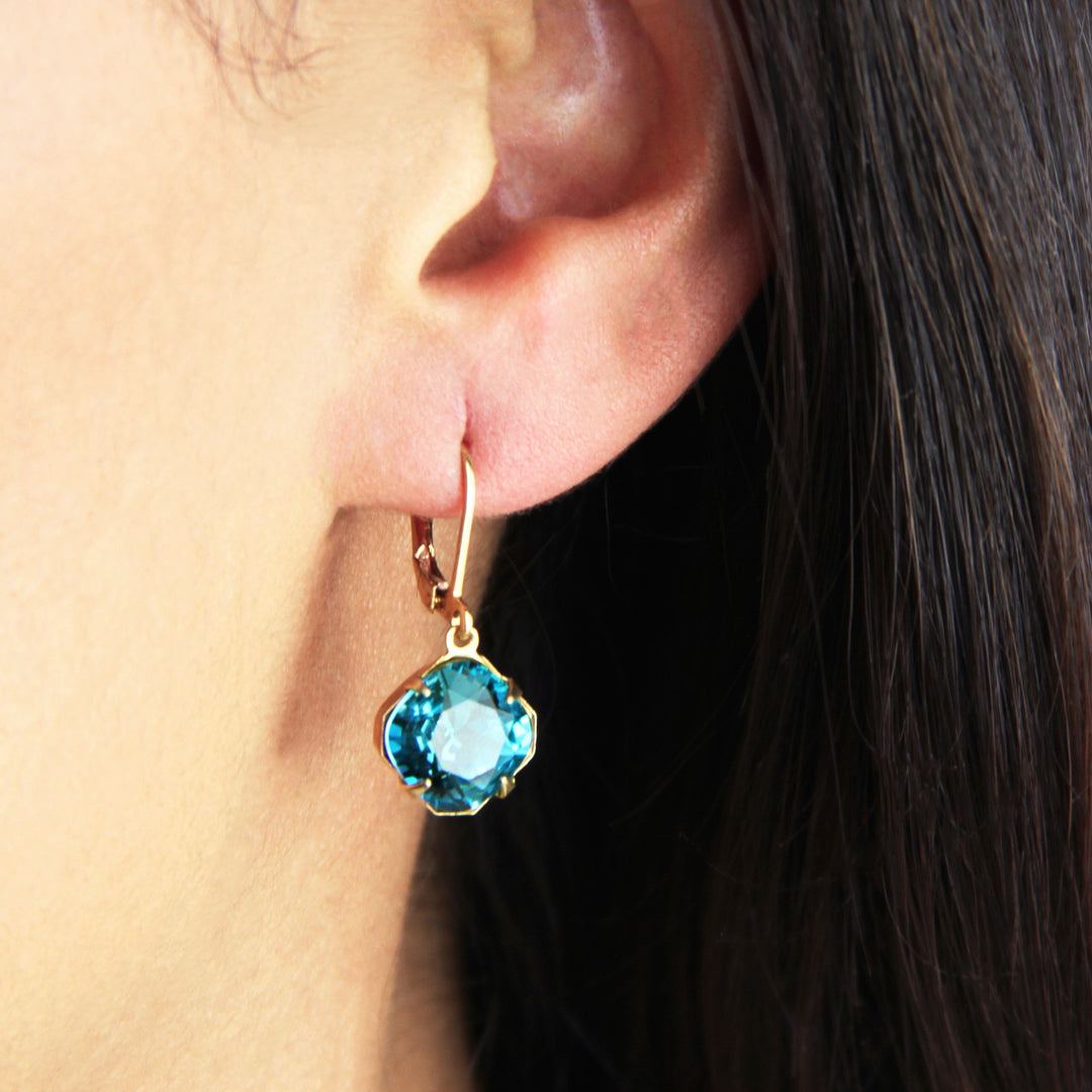 Blue Indicolite Octagon Rhinestone Drop Earrings