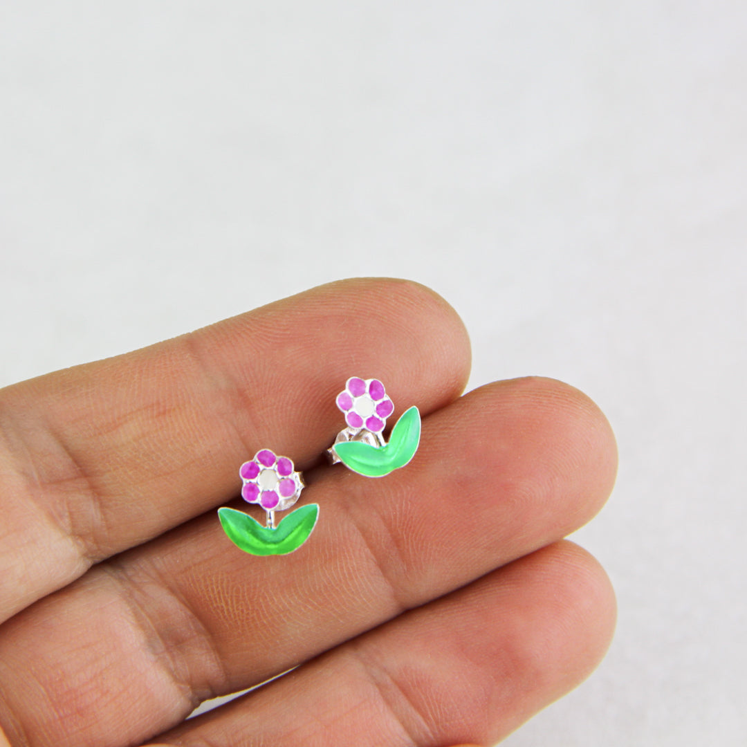 Sterling Silver Enamel Bright Pink Stud Earrings
