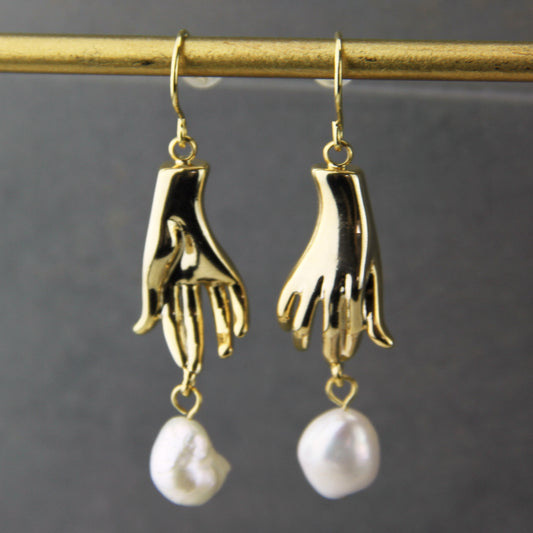Gold Plated Hand And Pearl Dangle Earrings