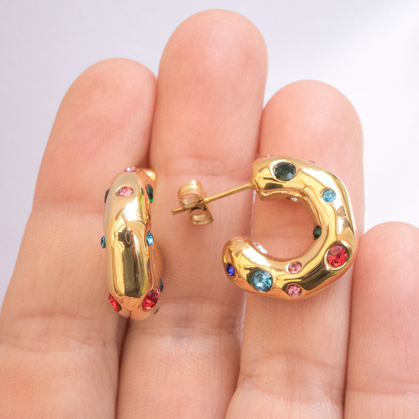 Non Tarnish Chunky Hoop Earrings With Colourful Gems