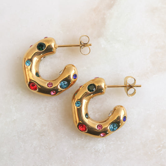 Non Tarnish Chunky Hoop Earrings With Colourful Gems