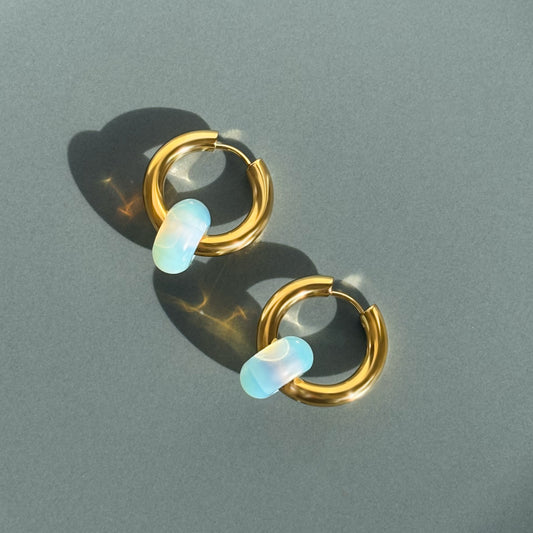 Chunky Gold Opal Donut Hoop Earrings Non Tarnish