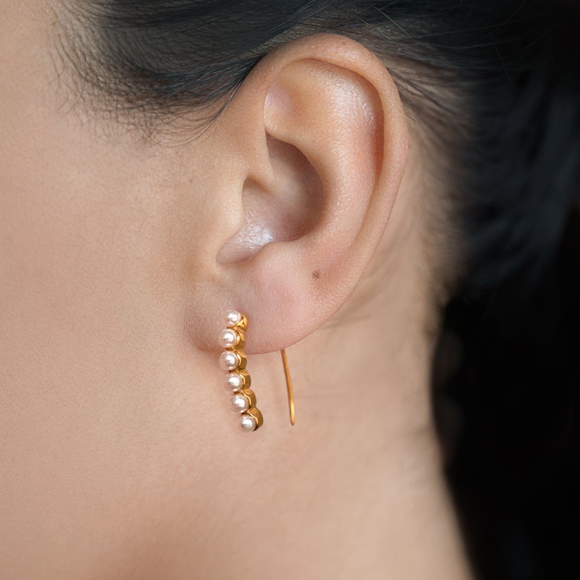 Pearl Bar Drop Earrings Non Tarnish shown worn in a model's ear