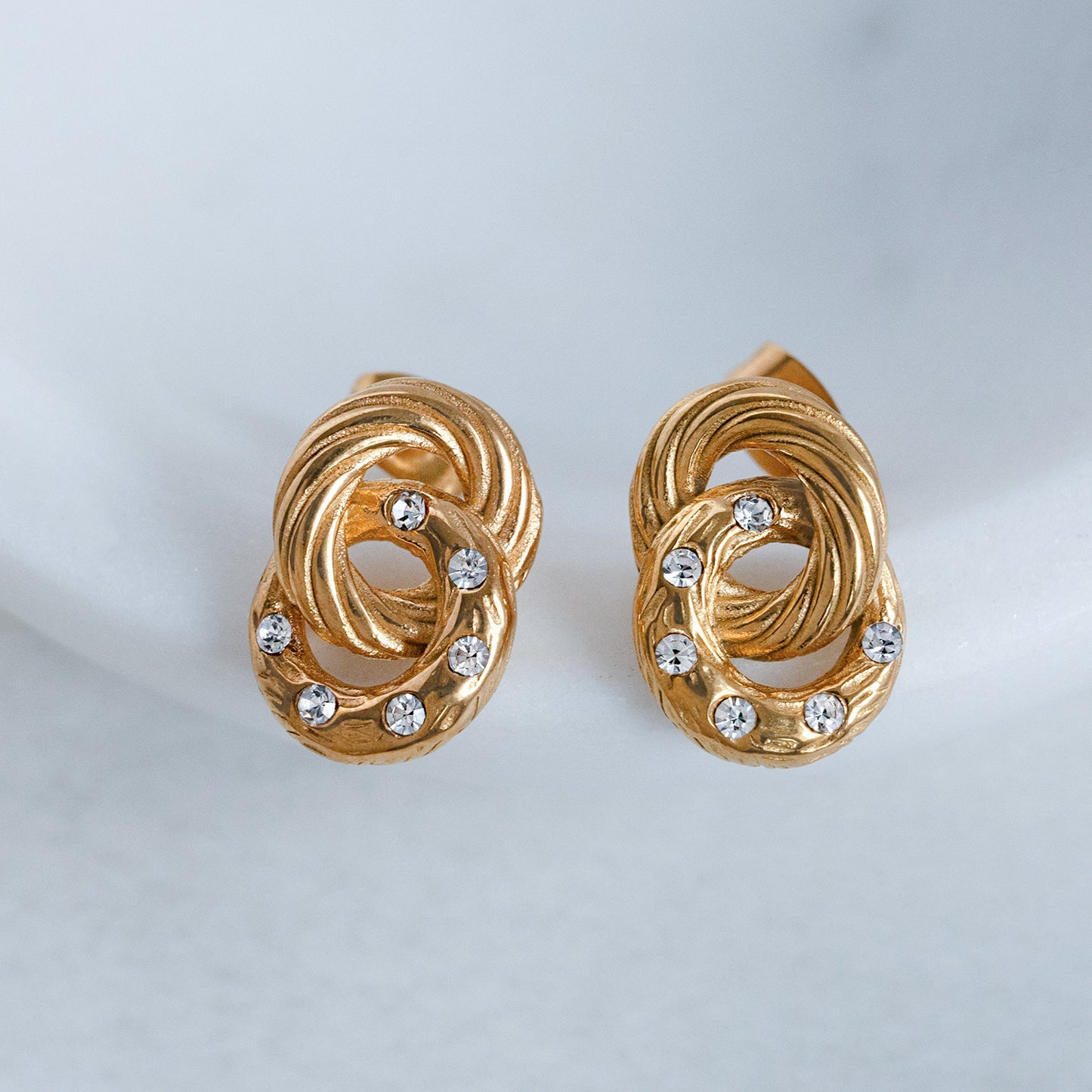 Close up view of Linked Circles Diamante Stud Earrings Non Tarnish
