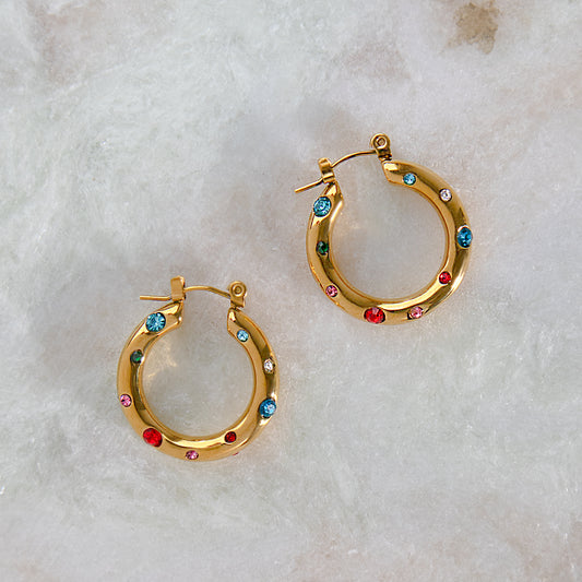 Close up view of Dotted Colourful Gem Hoops Non Tarnish