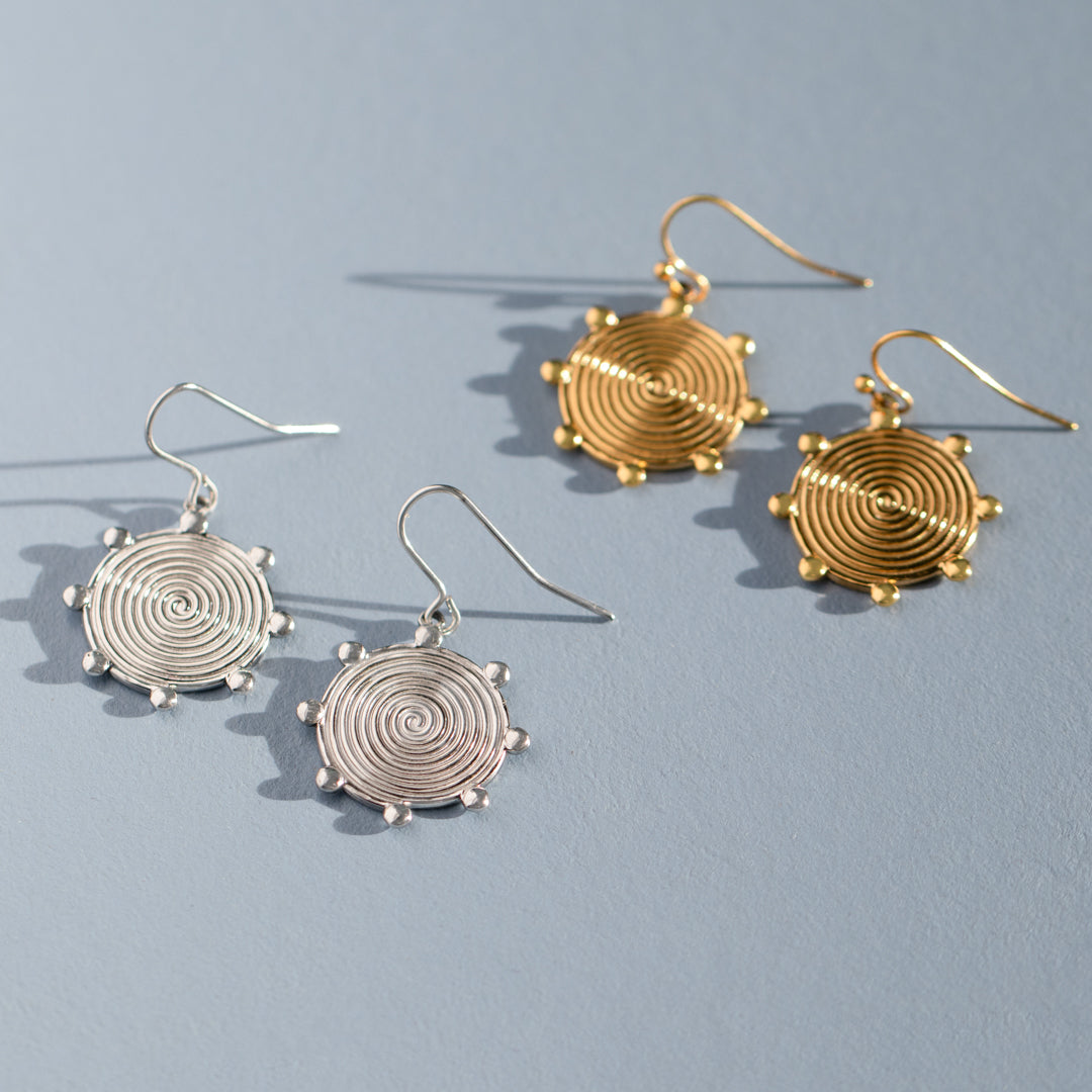 Silver Spiral Disc Earrings with Dots
