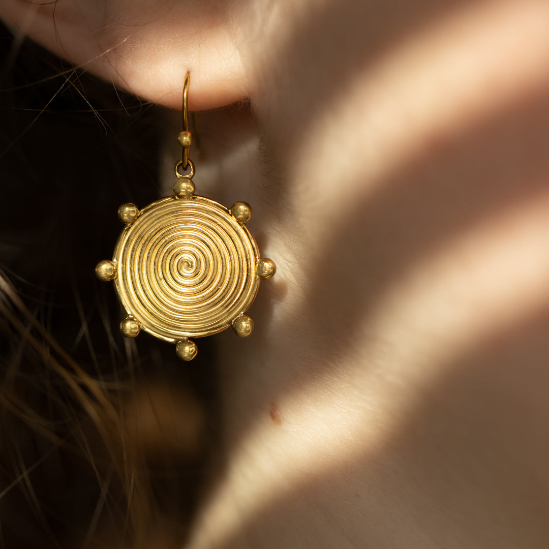 Gold Plated Spiral Disc Earrings with Dots