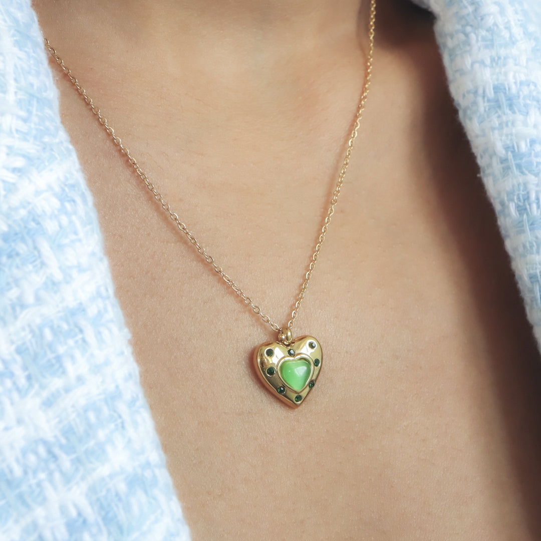 Non Tarnish Opaque Stone And Zircon Heart Necklace