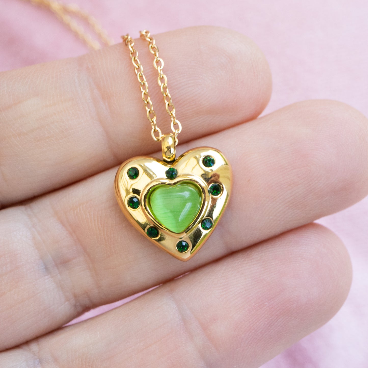 Non Tarnish Opaque Stone And Zircon Heart Necklace